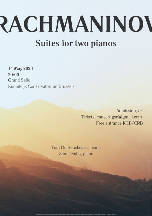 Affiche. Koninklijk Conservatorium Brussels. Rachmaninov. Suites for two pianos. Tom De Beuckelaer, piano, Zamir Kabo, piano. 2023-05-14
